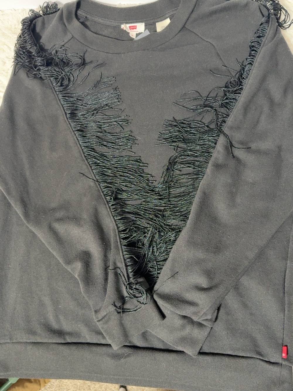 Levi’s Womens Medium Black Fringe Sweatshirt Western Boho Crewneck Pullover